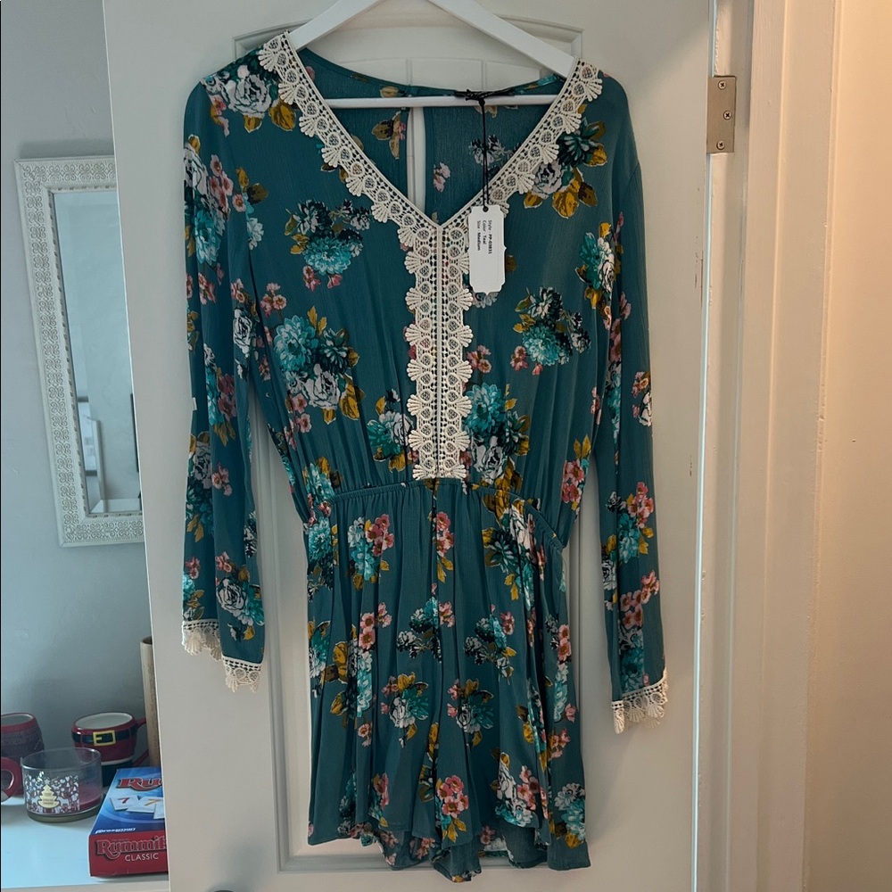 Floral Lace-Trimmed Teal Romper